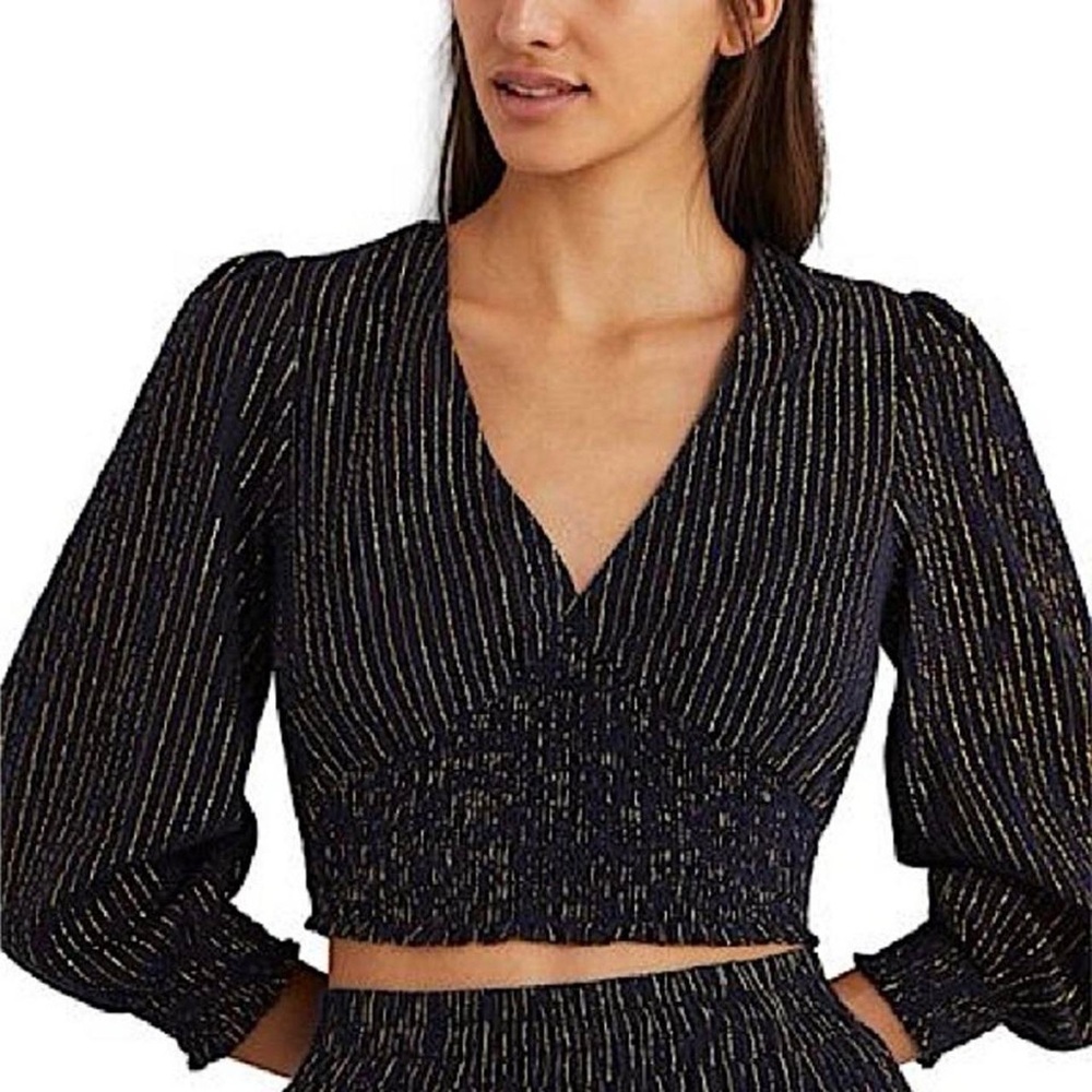 Boden. Navy & gold pinstripe crop top. 8